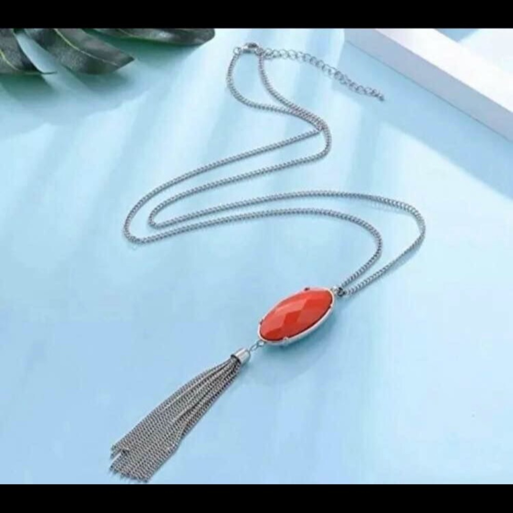 Double Color Oval Shape Stones Reversible Pendant Tassel Necklace